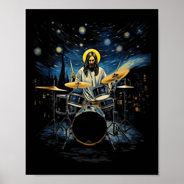 Drum Kit Percussionist Drummer Van Gogh Jesus Play Poster (Framsidan)