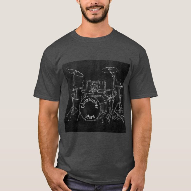 Drum Set Chalkboard Sketch Band eller Drummers Nam T Shirt (Framsida)