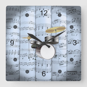 Drum Set~Rolled Lakan Music~Blue Tint Background Fyrkantig Klocka