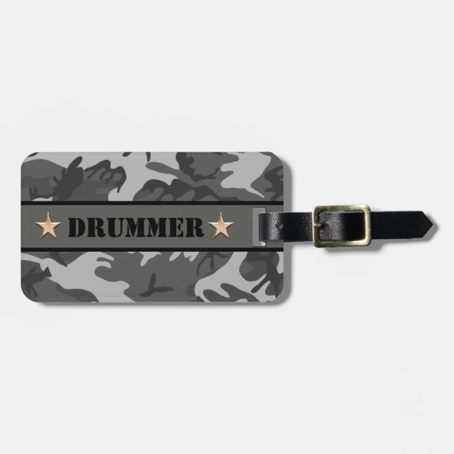 DRUMMER Camo Print Snare Drum Drumming Percussion Bagagebricka (Horisontell Framsida)