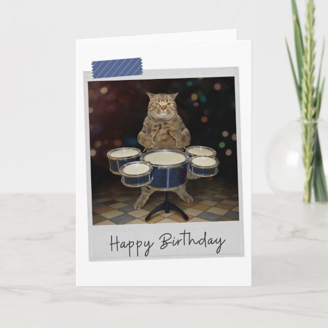 Drummer Cat Funny Birthday Card Kort (Framsida)
