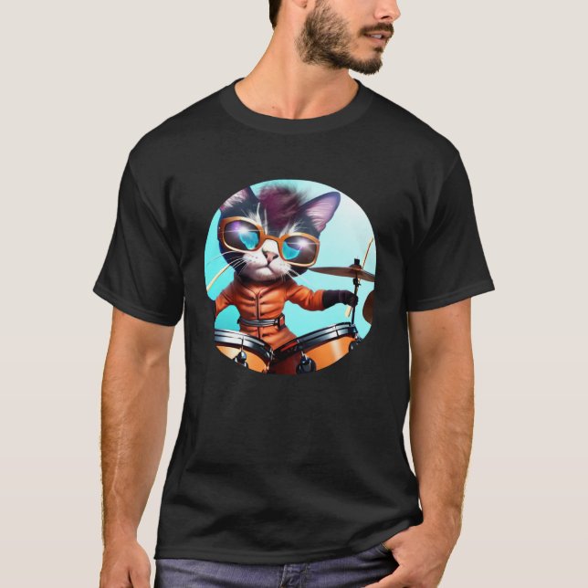 Drummer Cat med Drumset T Shirt (Framsida)