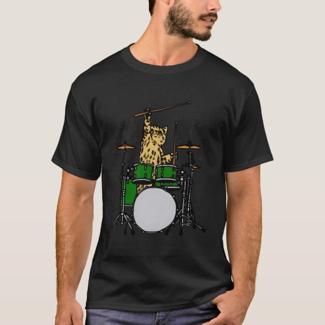 Drummer Cat Music Musician spelar Drummer T Shirt (Framsida)