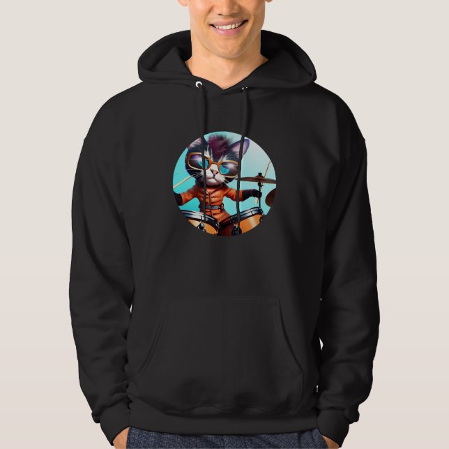 Drummer Cat with Drumset Hoodie (Framsida)