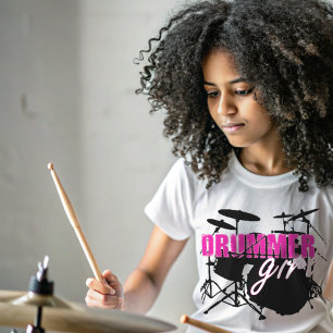 Drummer Girl Cute Lila and Black Illustrated T Shirt
