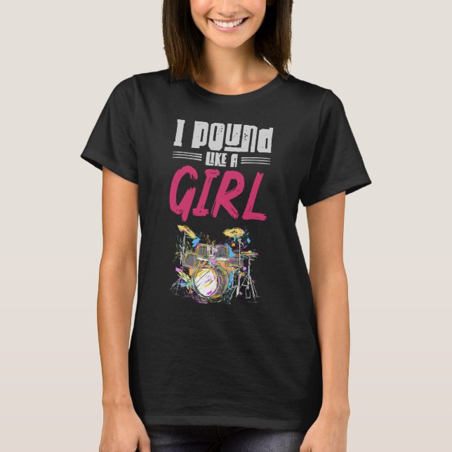 Drummer Girl Drumset Female Drum Music Älskare T Shirt (Framsida)