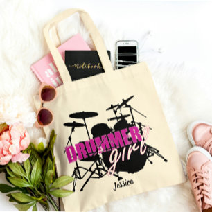 Drummer girl First Namn Cute Lila Black Text Tygkasse