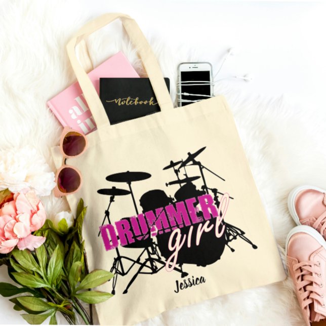 Drummer girl First Namn Cute Lila Black Text Tygkasse (Skapare uppladdad)