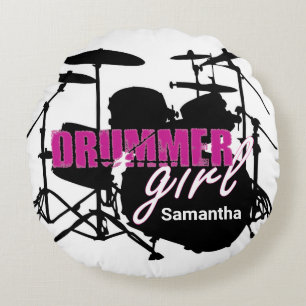 Drummer Girl First Namn Grunge Lila med Text Ro Rund Kudde