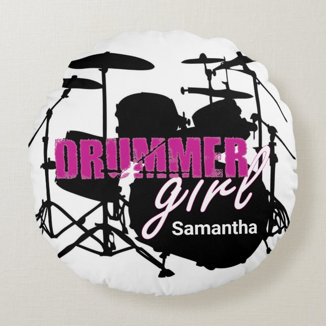 Drummer Girl First Namn Grunge Lila med Text Ro Rund Kudde (Framsidan)