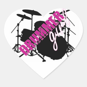Drummer Girl with Roligt Lila and Black Grunge Tex Hjärtformat Klistermärke
