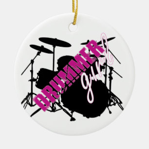 Drummer Girl with Roligt Lila and Black Grunge Tex Julgransprydnad Keramik