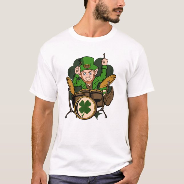 Drummer Leprechaun St. Patrick Drumming T Shirt (Framsida)