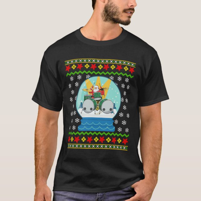 Drummer Santa Snö Globe Ugly jul Drums Perc T Shirt (Framsida)