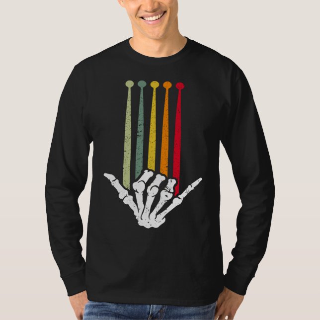Drummer Skeleton DrumStick Rock Music Drums Retro  T Shirt (Framsida)