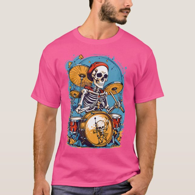 Drummer Skeleton spelar upp drummar för Halloween  T Shirt (Framsida)