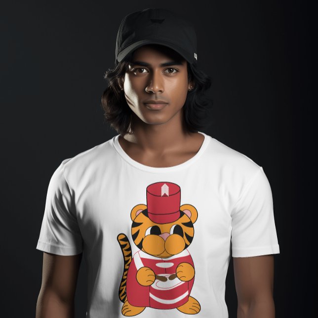 Drummer Tiger Marching Band Red and White T Shirt (A fun tshirt that has a tiger playing the drums in a red and white marching band uniform.)