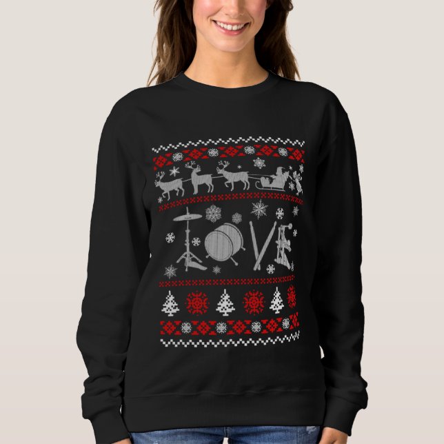 Drummer Ugly Christmas Sweater T Shirt (Framsida)