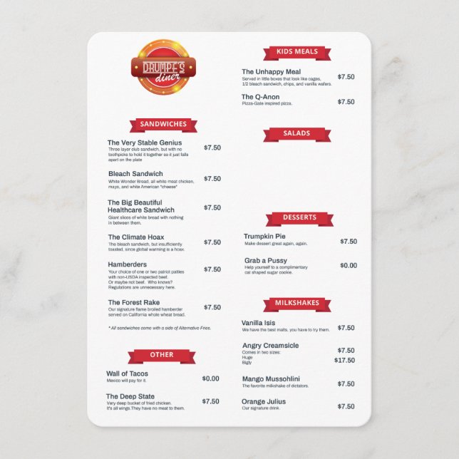 "Drumpfs Middag"-menyn Meny (Framsida)