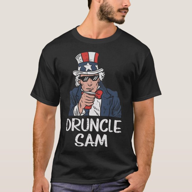 Druncle Sam Funny farbror Sam Beer 4:e juli Party T Shirt (Framsida)