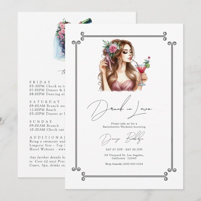 Drunk i Kärlek Bachelorette Helg Itinerary Inbjudningar (Fram/baksida)