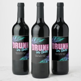 Drunk i Kärlek Neon Blue & Rosa Tropical Bach Vinflaska Etikett
