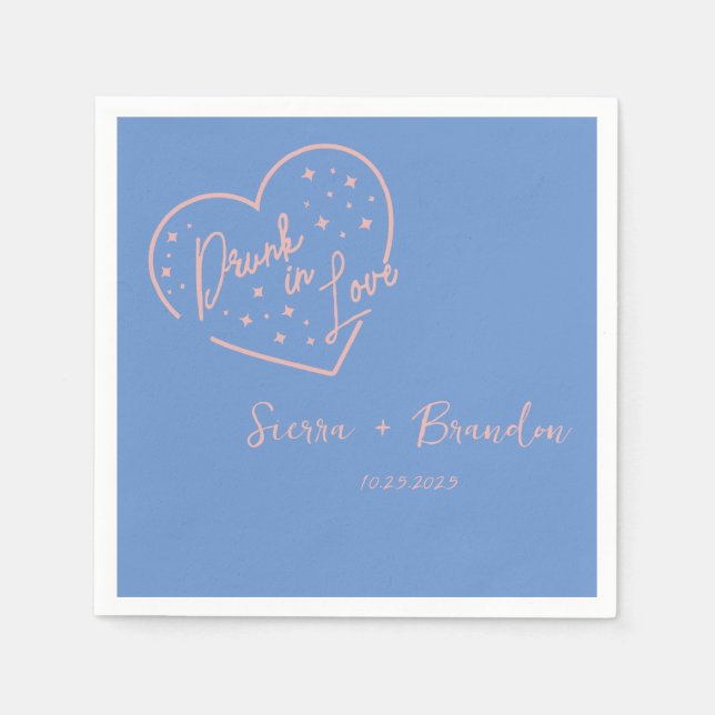 Drunk i Kärlek Rosa&Blue Monogram Bröllop Napkins Pappersservett (Framsidan)