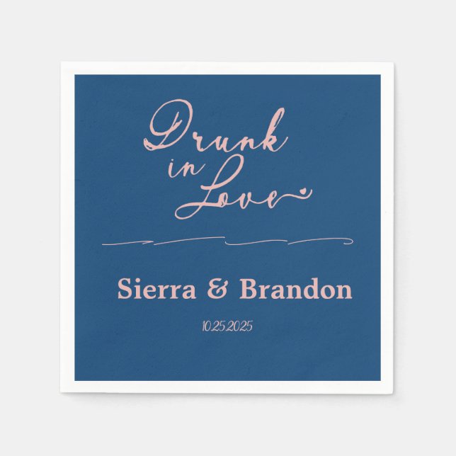 Drunk i Kärlek Rosa&Blue Monogram Bröllop Napkins Pappersservett (Framsidan)