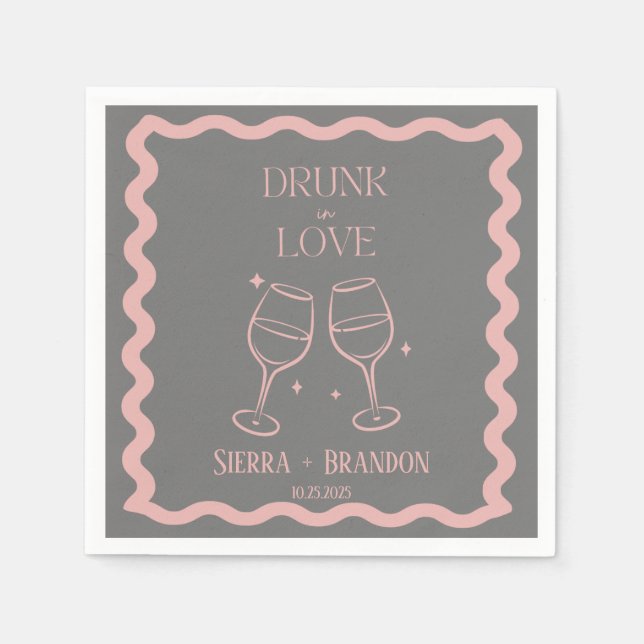 Drunk in Kärlek Customized Rosa&Grått Bröllop Napk Pappersservett (Framsidan)