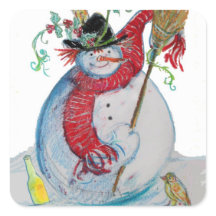 DRUNKEN SNÖGUBBE MED FÅGLAR I VINTER