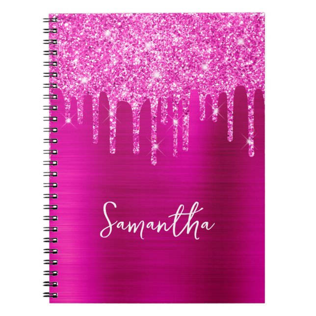 Druplande Magenta Glitter Glam Namn Anteckningsbok (Framsidan)