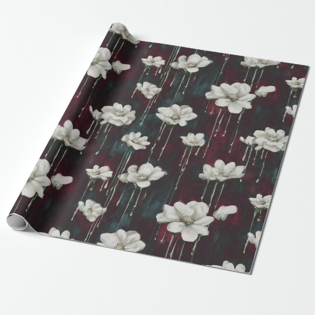 Druppande blomstermörkt omslag presentpapper (Utrullad)