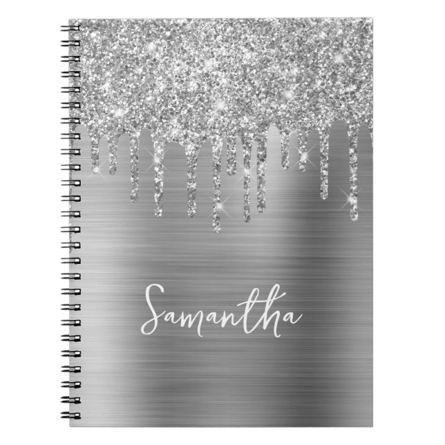 Druppande Silver Glitter Glam Namn Anteckningsbok (Framsidan)