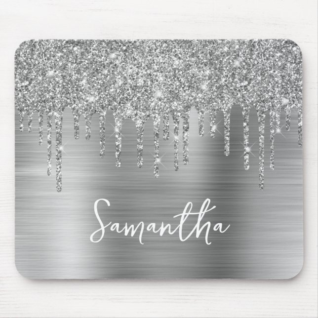 Druppande Silver Glitter Glam Namn Musmatta (Framsidan)