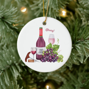 Druvor från vin Älskare, Vin Flaska, Vin, glasögon Julgransprydnad Keramik