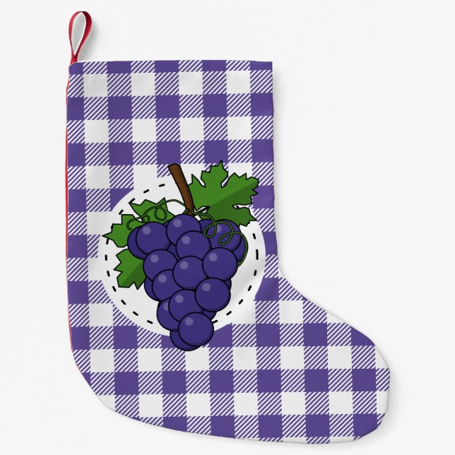 Druvor på vit violett rutig tyg liten julstrumpa (Framsidan)