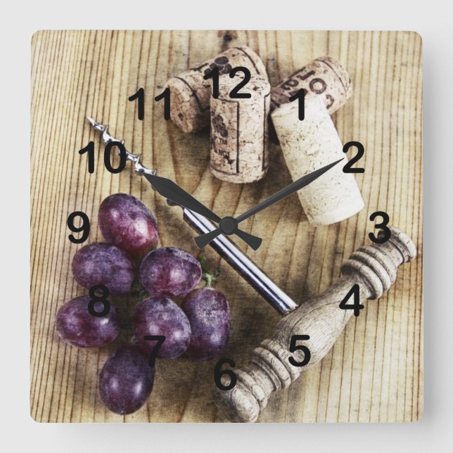 Druvor, vinflaskakorkar och korkskruv fyrkantig klocka (Framsida)