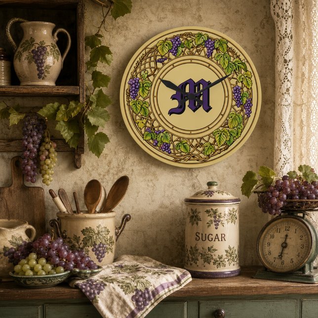 Druvträdsstaket Krans Monogram Tryck Stor Klocka (Skapare uppladdad)