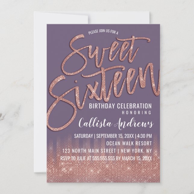 Druvtypografi Lila Ro Guld Glitter Söt 16 Inbjudningar (Framsida)