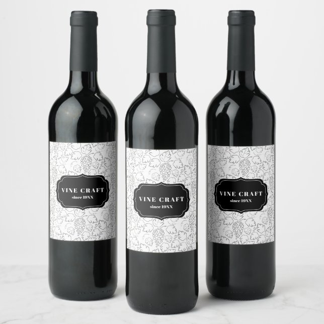 Druvvin svart och vit Elegant Estetisk. Vinflaska Etikett (Flaskor)