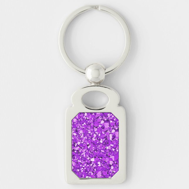 Druzy crystal - ametyst lila rektangulärt silverfärgad nyckelring (Framsidan)