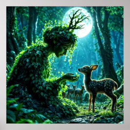 Dryad queen of the enchanted forest at night art poster