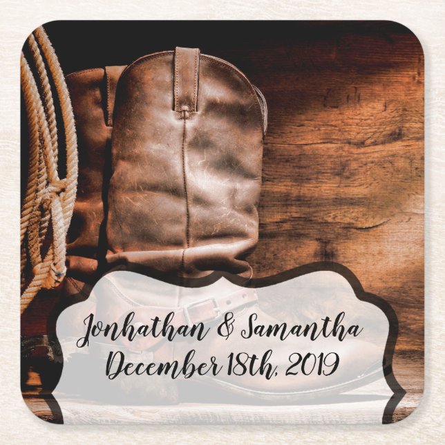 Dryckekrostar Cowboy Boots Barn Wood Rustic Count Underlägg Papper Kvadrat (Framsidan)