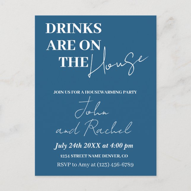 Drycker är på huset inflyttningsfest blå vykort (Framsida)