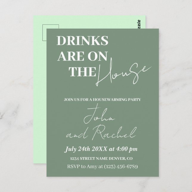 Drycker är på huset inflyttningsfest grön vykort (Fram/baksida)