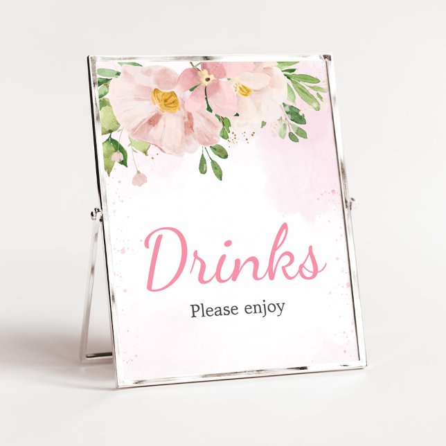 Drycker för  Rosa Blommigt Vår Baby Shower Drinern Poster (Blush Pink Spring Floral Baby Shower Drinks Sign)