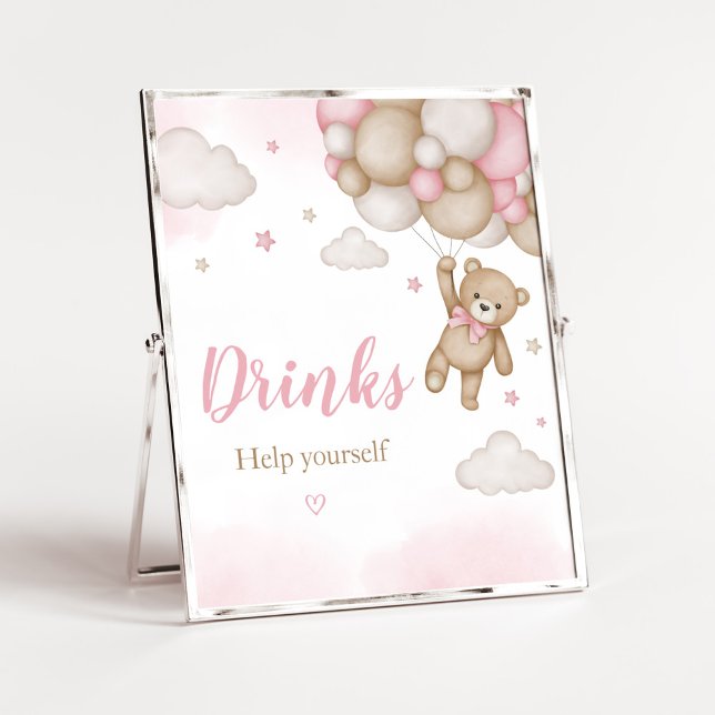Drycker från rosa Bear Balloon Baby Shower Driners Poster (Girl Bear Baby Shower Drinks Sign)