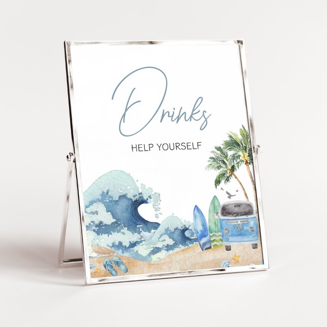 Dryckeri för surfa Board Beach Baby Shower Poster (Surfing Summer Baby Shower Drinks Sign)
