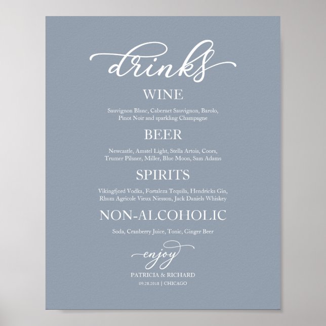 Dryckesbar Elegant Dammig Blå Bröllopsskylt Poster (Framsidan)