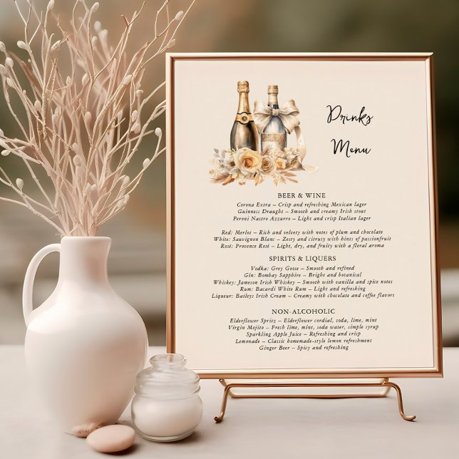 Dryckesmeny Flaskor och blommor Neutral bröllop Poster (Drinks Menu poster from the Romantic Wedding Signs collection by Darling & May)